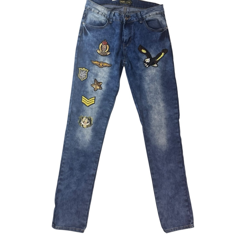 Rebel Love Patch Jeans Size 13/14 Juniors Stretch Medium Wash Slim Straight